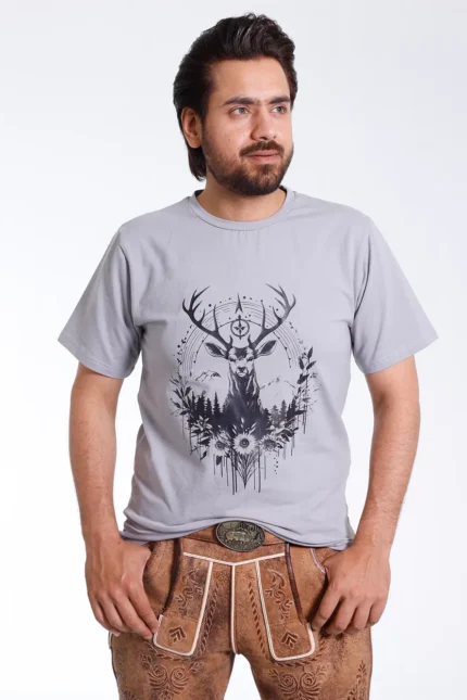 Ash Grey Mens Tee with Abstract Antler Deer Print.webp