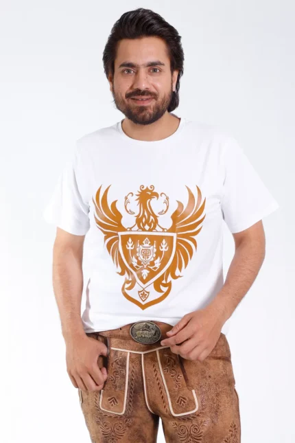 Bavarian White T Shirt with Golden Eagle Graphics.webp