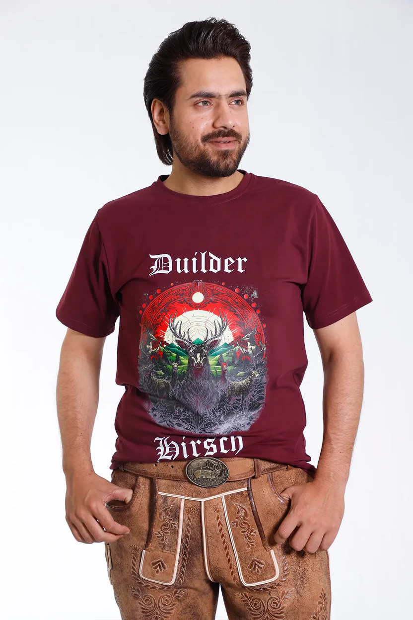 Maroon Bavarian T Shirt with Stag and Mountain Graphic.webp Maroon Bavarian T Shirt with Stag and Mountain Graphic.webp